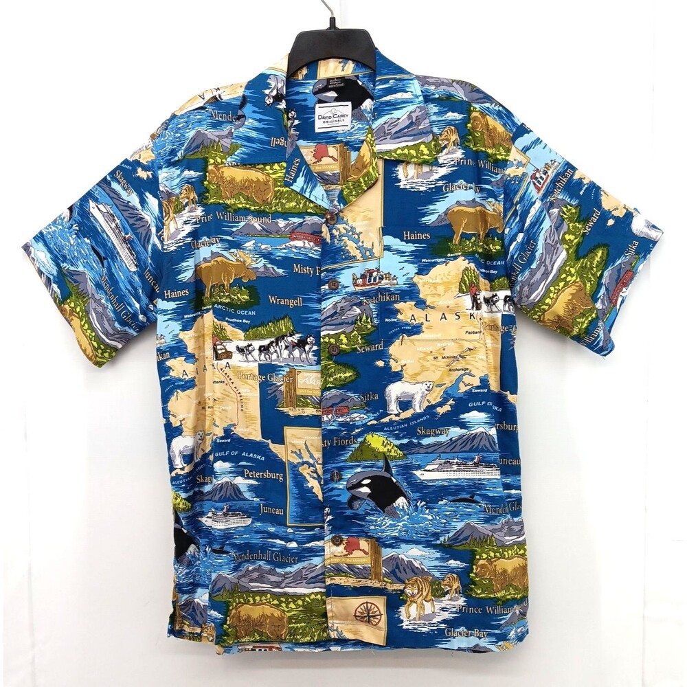 David Carey Shirt Mens Large Blue Alaska Theme Short Sleeve Collared Button Up - Picture 1 of 8